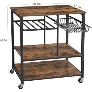 Desserte XL de cuisine sur roulettes style industriel collection TAMPA structure en métal noir et plateau en bois.