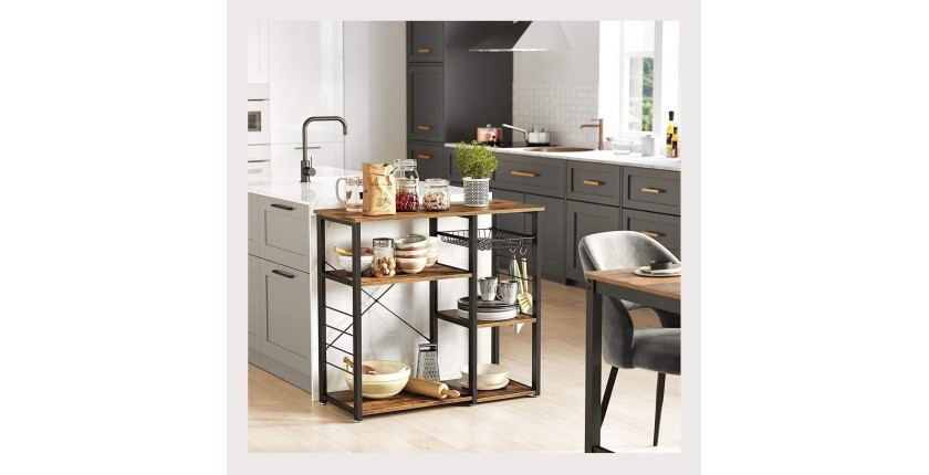 Étagères de cuisine style industriel collection TAMPA structure en métal noir et plateau en bois.