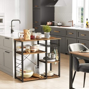 Étagères de cuisine style industriel collection TAMPA structure en métal noir et plateau en bois.