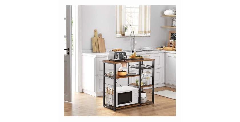 Étagères de cuisine style industriel collection TAMPA structure en métal noir et plateau en bois.