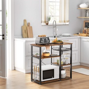 Étagères de cuisine style industriel collection TAMPA structure en métal noir et plateau en bois.