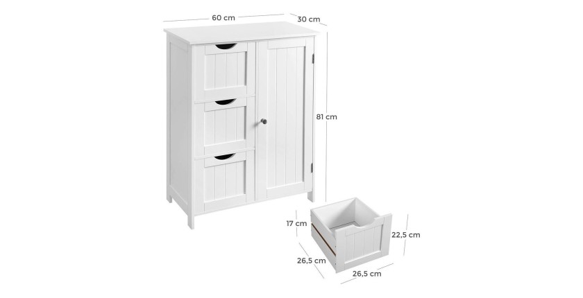 Meuble de rangement pour salle de bain trois tiroirs et une porte coloris blanc collection CLEAN