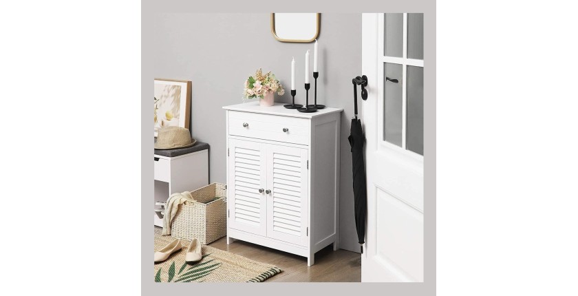 Meuble de rangement pour salle de bain un tiroir et deux portes style persienne coloris blanc collection CLEAN