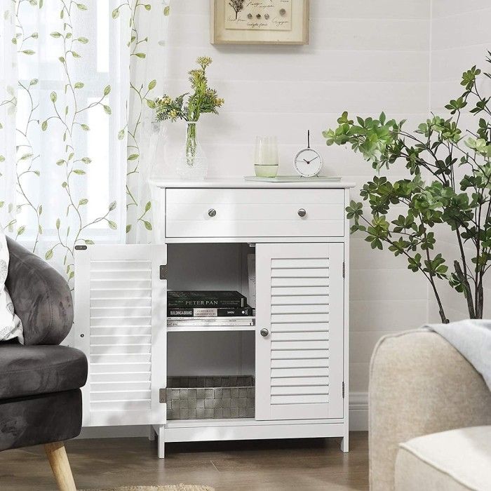 Meuble de rangement pour salle de bain un tiroir et deux portes style persienne coloris blanc collection CLEAN