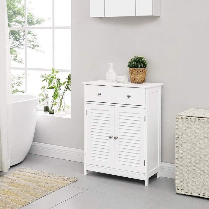 Meuble de rangement pour salle de bain un tiroir et deux portes style persienne coloris blanc collection CLEAN