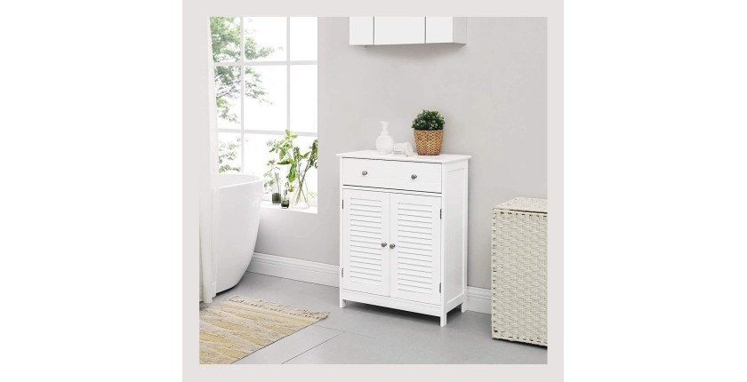 Meuble de rangement pour salle de bain un tiroir et deux portes style persienne coloris blanc collection CLEAN
