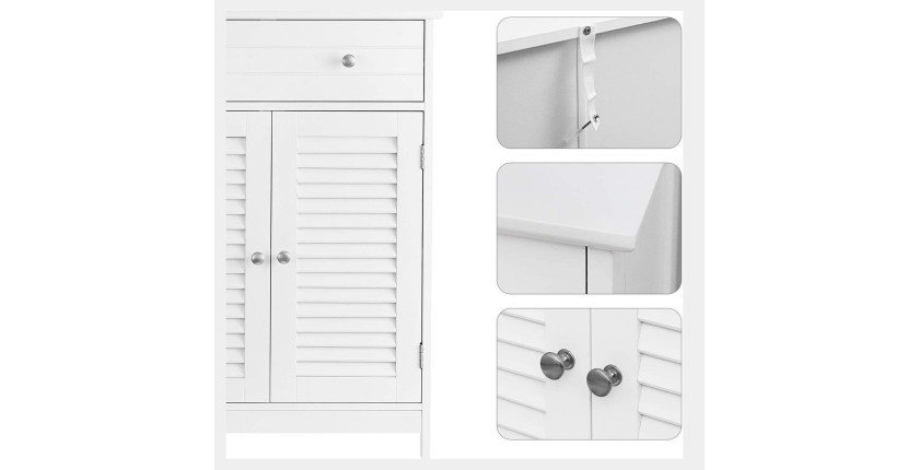 Meuble de rangement pour salle de bain un tiroir et deux portes style persienne coloris blanc collection CLEAN
