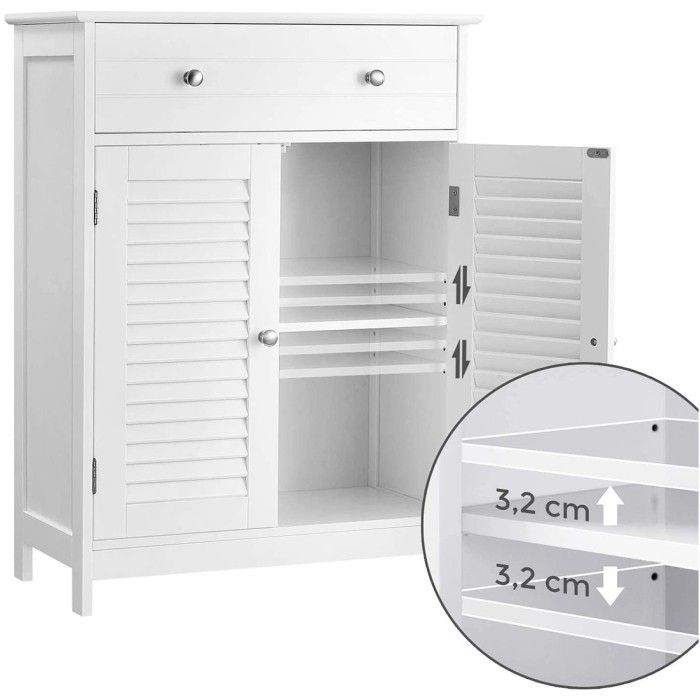 Meuble de rangement pour salle de bain un tiroir et deux portes style persienne coloris blanc collection CLEAN