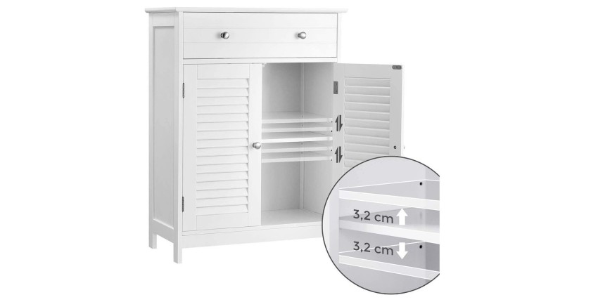 Meuble de rangement pour salle de bain un tiroir et deux portes style persienne coloris blanc collection CLEAN