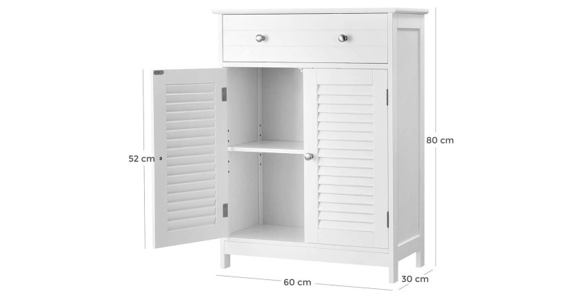 Meuble de rangement pour salle de bain un tiroir et deux portes style persienne coloris blanc collection CLEAN