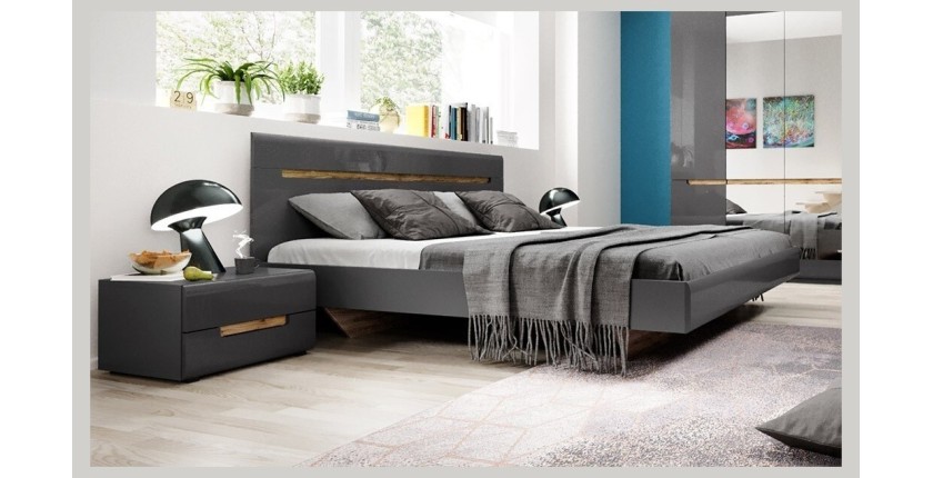 Ensemble Lit 160x200 plus 2 Chevets. Collection LUCIA. Couleur gris et chêne.