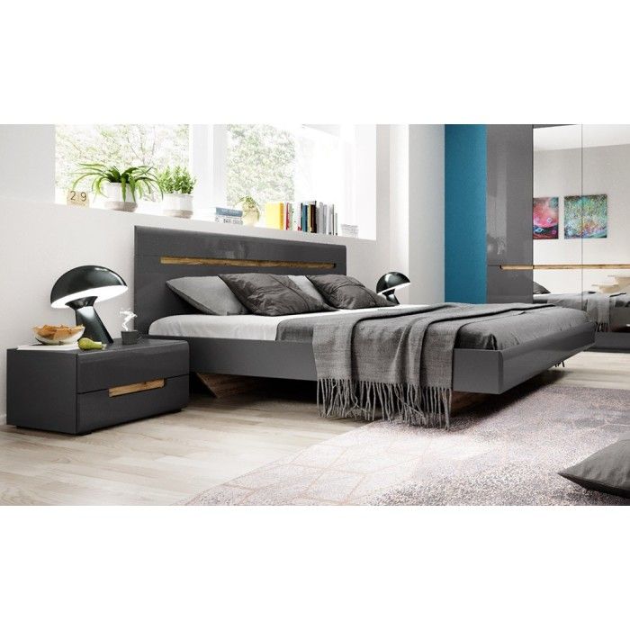 Ensemble Lit 180x200 plus 2 Chevets. Collection LUCIA. Couleur gris et finition chêne