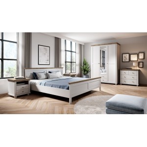 Chambre à coucher ASSIA : Armoire 150cm, Lit 160x200, commode, chevets. Coloris blanc et  chêne.