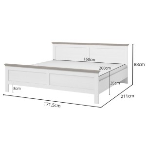 Chambre à coucher ASSIA : Armoire 150cm, Lit 160x200, commode, chevets. Coloris blanc et  chêne.