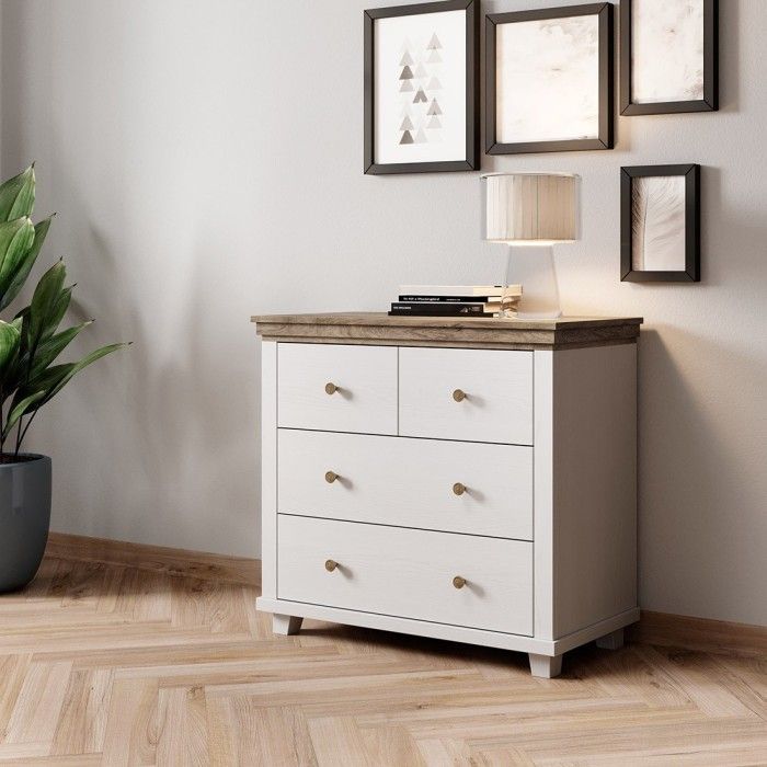 Chambre à coucher ASSIA : Armoire 150cm, Lit 160x200, commode, chevets. Coloris blanc et  chêne.