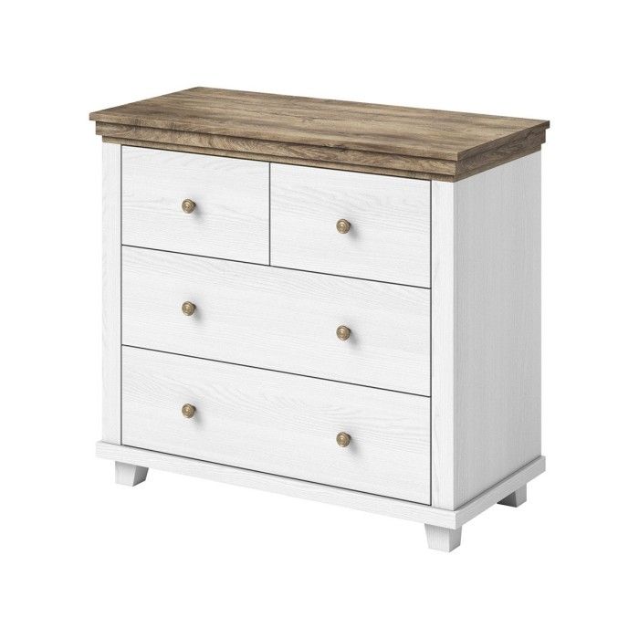 Chambre à coucher ASSIA : Armoire 150cm, Lit 160x200, commode, chevets. Coloris blanc et  chêne.