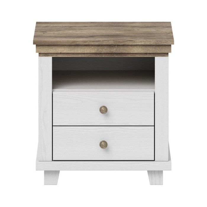 Chambre à coucher ASSIA : Armoire 150cm, Lit 160x200, commode, chevets. Coloris blanc et  chêne.