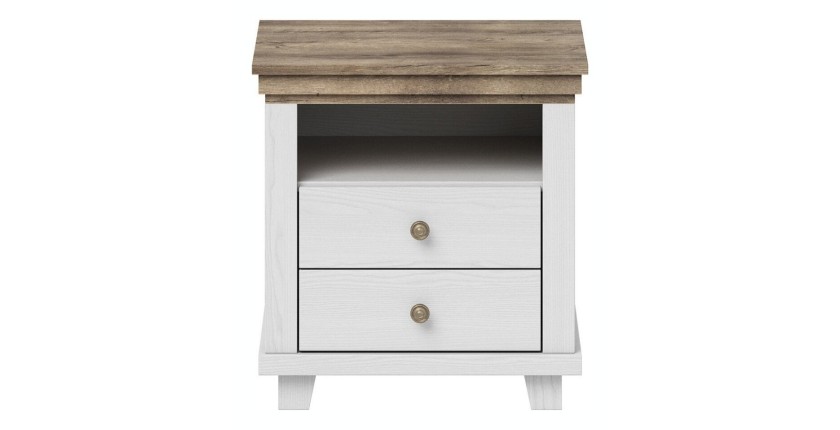Chambre à coucher ASSIA : Armoire 150cm, Lit 160x200, commode, chevets. Coloris blanc et  chêne.