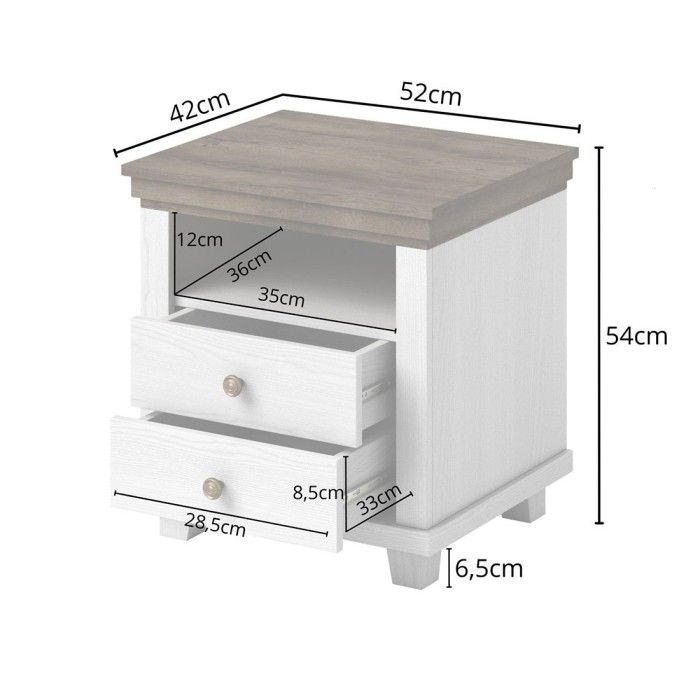 Chambre à coucher ASSIA : Armoire 150cm, Lit 160x200, commode, chevets. Coloris blanc et  chêne.