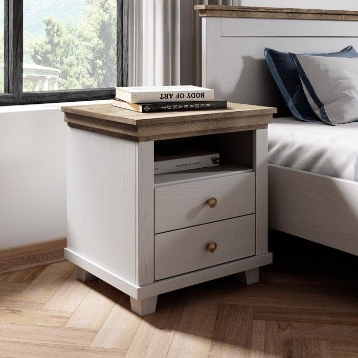 Chambre à coucher ASSIA : Armoire 150cm, Lit 160x200, commode, chevets. Coloris blanc et  chêne.