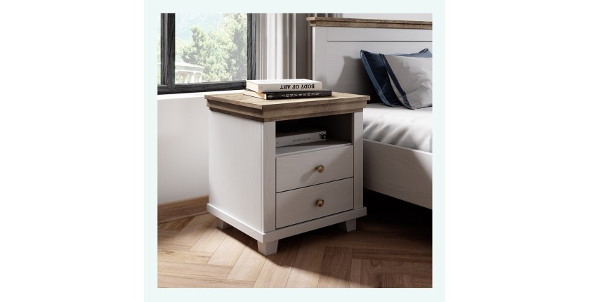 Chambre à coucher ASSIA : Armoire 150cm, Lit 160x200, commode, chevets. Coloris blanc et  chêne.