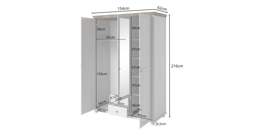 Chambre à coucher ASSIA : Armoire 150cm, Lit 160x200, commode, chevets. Coloris blanc et  chêne.