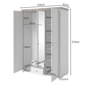 Chambre à coucher ASSIA : Armoire 150cm, Lit 160x200, commode, chevets. Coloris blanc et  chêne.
