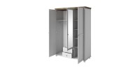 Chambre à coucher ASSIA : Armoire 150cm, Lit 160x200, commode, chevets. Coloris blanc et  chêne.