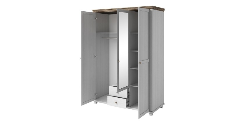 Chambre à coucher ASSIA : Armoire 150cm, Lit 160x200, commode, chevets. Coloris blanc et  chêne.