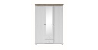 Chambre à coucher ASSIA : Armoire 150cm, Lit 160x200, commode, chevets. Coloris blanc et  chêne.
