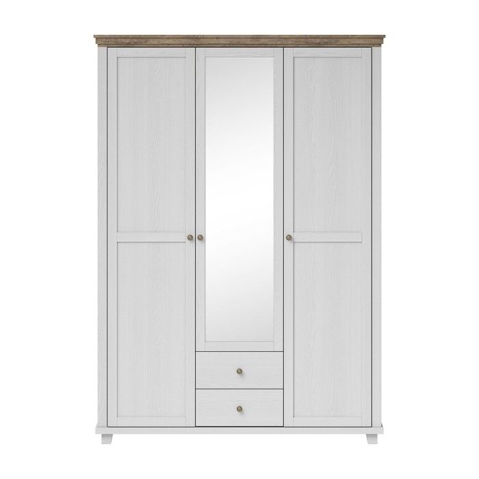 Chambre à coucher ASSIA : Armoire 150cm, Lit 160x200, commode, chevets. Coloris blanc et  chêne.