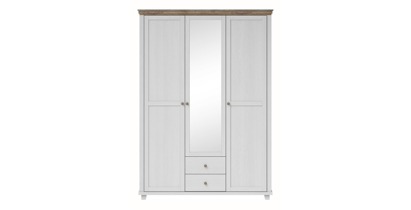 Chambre à coucher ASSIA : Armoire 150cm, Lit 160x200, commode, chevets. Coloris blanc et  chêne.