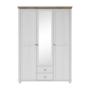 Chambre à coucher ASSIA : Armoire 150cm, Lit 160x200, commode, chevets. Coloris blanc et  chêne.
