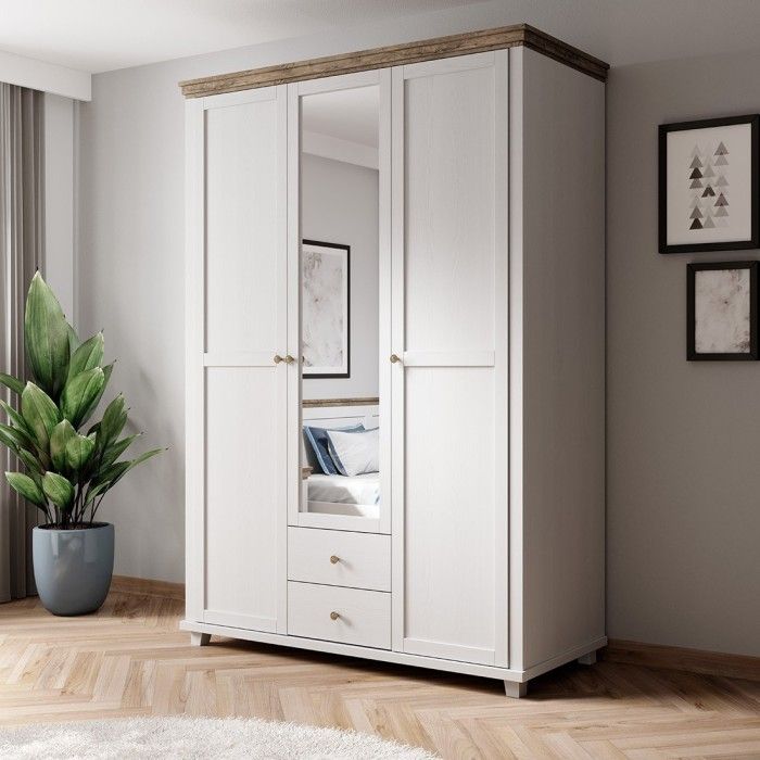 Chambre à coucher ASSIA : Armoire 150cm, Lit 160x200, commode, chevets. Coloris blanc et  chêne.