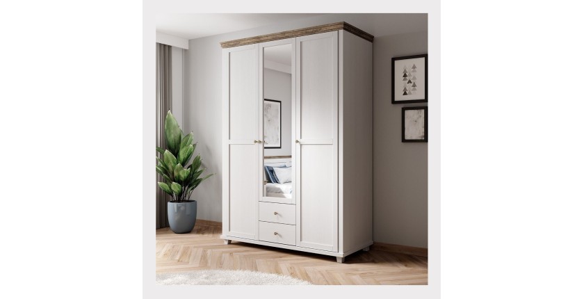 Chambre à coucher ASSIA : Armoire 150cm, Lit 160x200, commode, chevets. Coloris blanc et  chêne.
