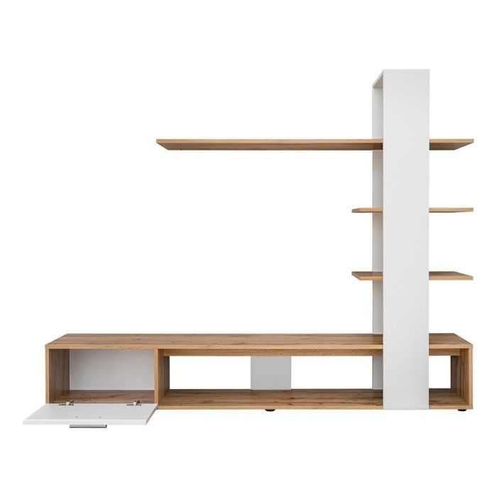 Meuble TV avec bibliothèque et étagères intégrées collection CLEO. Coloris blanc et chêne