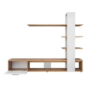 Meuble TV avec bibliothèque et étagères intégrées collection CLEO. Coloris blanc et chêne