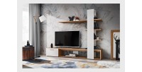 Meuble TV avec bibliothèque et étagères intégrées collection CLEO. Coloris blanc et chêne
