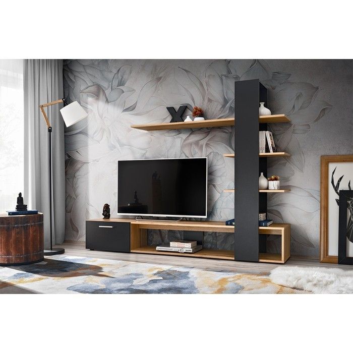 Meuble TV avec bibliothèque et étagères intégrées collection CLEO. Coloris noir et chêne