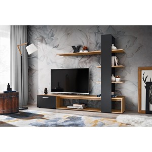 Meuble TV avec bibliothèque et étagères intégrées collection CLEO. Coloris noir et chêne