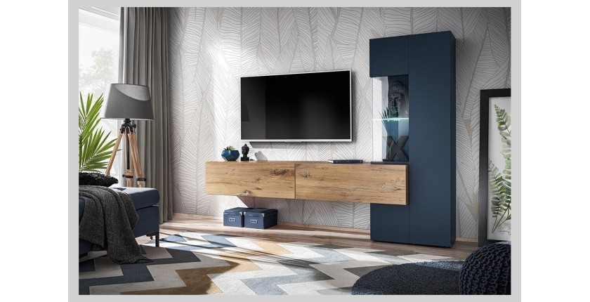 Composition murale collection MARIANO coloris bleu marine et chêne. LED incluses. Meuble tv design