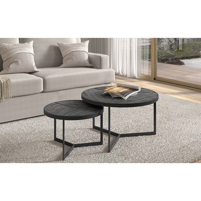 Table basse gigogne ronde en bois massif exotique. finition noir collection LAVE.