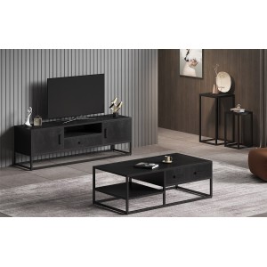 Tables d'appoint salon GOA en bois massif noir. Meubles style industriel
