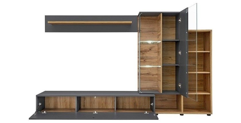 Composition murale collection KLIS 2 coloris gris anthracite et chêne. LED incluses. Meuble tv design