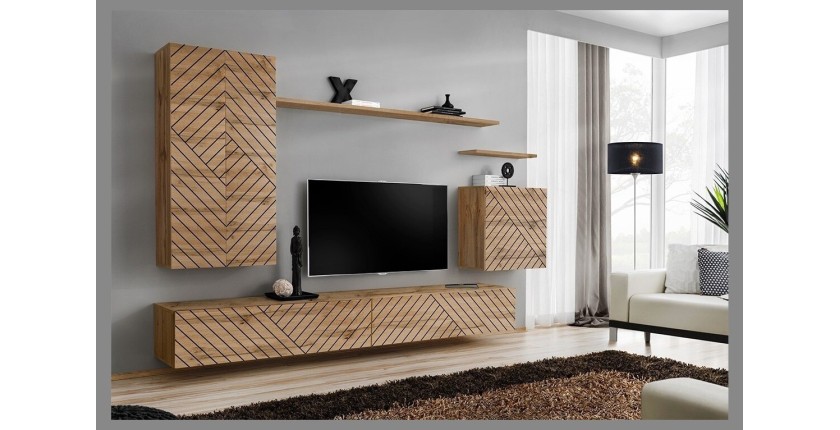 Armoire suspendue 60x60cm aspect chêne, porte finition fraisée. Meuble pour salon collection SWITCH.