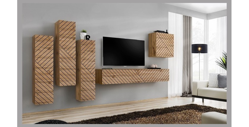 Meuble TV suspendu 180cm effet chêne façade fraisée. Collection SWITCH.