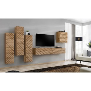 Meuble TV suspendu 180cm effet chêne façade fraisée. Collection SWITCH.