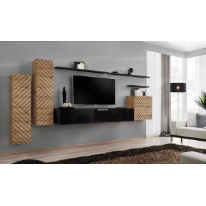 Ensemble meuble salon SWITCH I design, coloris chêne wotan et noir. Finitions façades effet chêne fraisé.