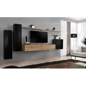 Ensemble meuble salon SWITCH I design, coloris noir et chêne wotan. Finitions effet chêne fraisé.