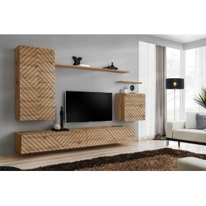 Ensemble meuble salon SWITCH II design, coloris chêne wotan. Finitions façades effet chêne fraisé.